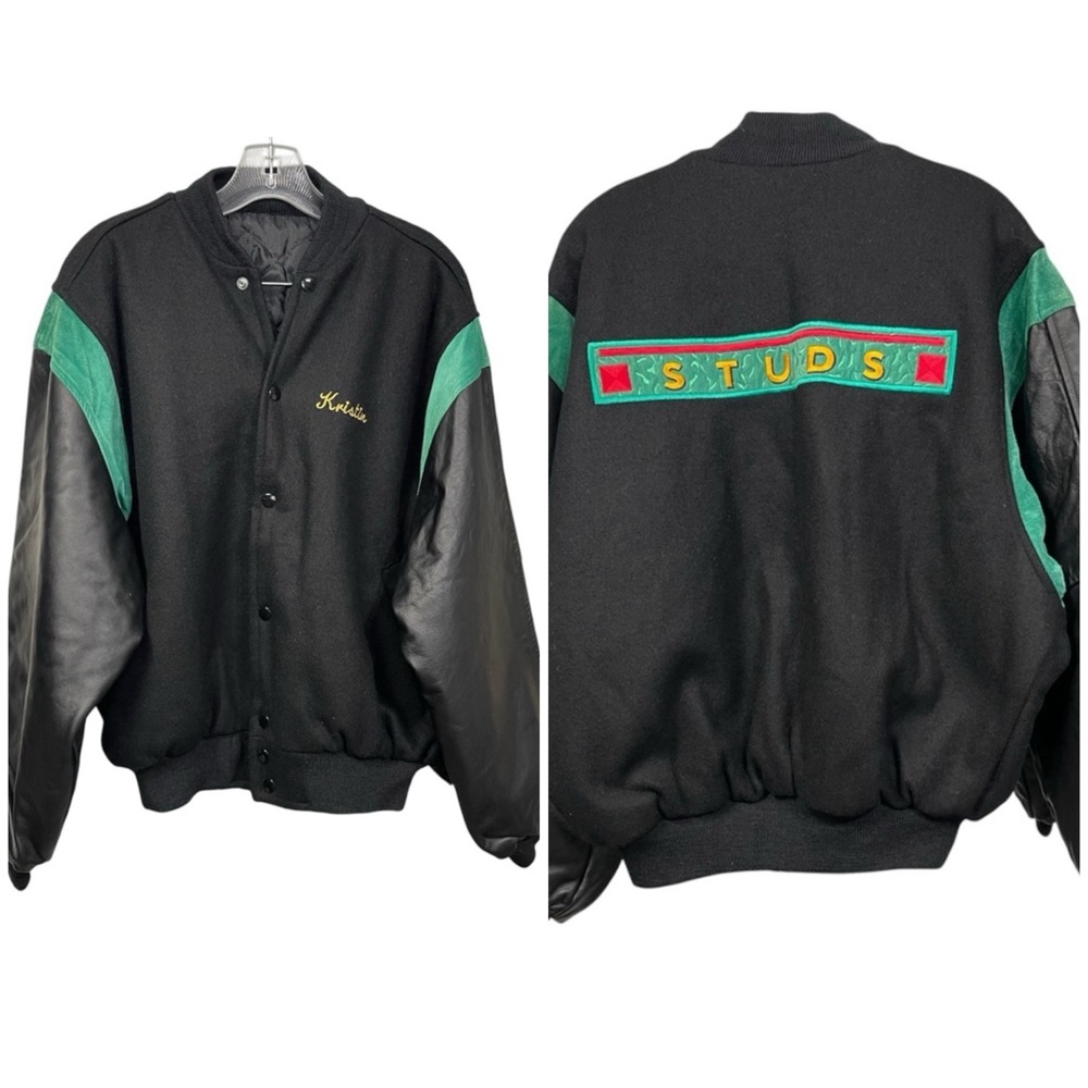VTG IDENTITY  Jacket Cristin STUDS Embroidery Logo Wood LEATHER SLEEVE Black  L